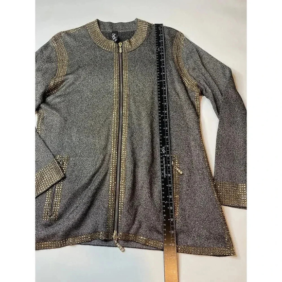 Berek Fancy Black Gold Embellished Jeweled Zip Jacket Cardigan Bedazzled XL - Picture 3 of 6